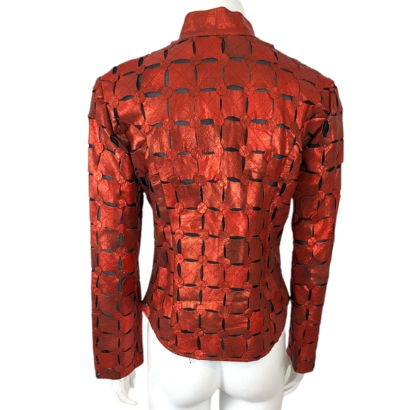 Vintage 80s Red Metallic Leather Cut Out Jacket Image Leather Womens XS Thriller - Picture 4 of 14